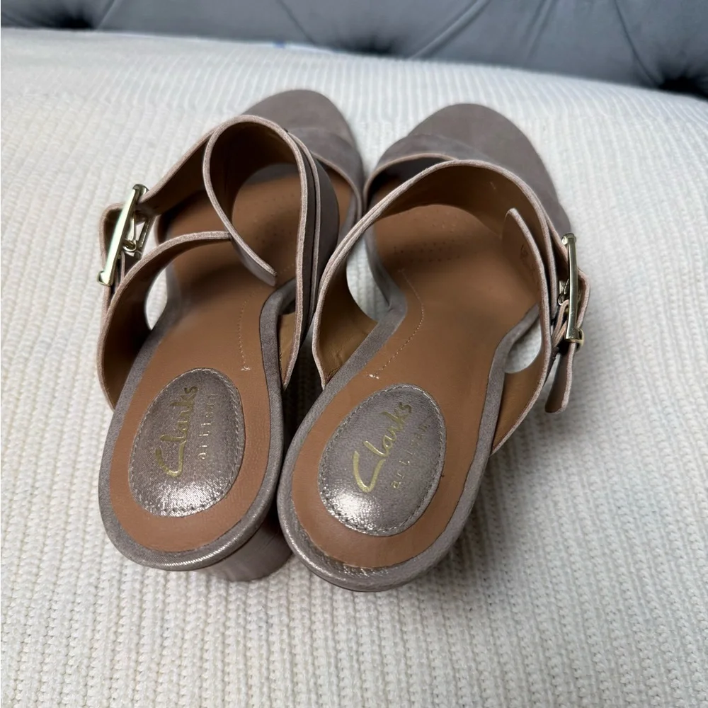 Clarks Ralene-Rose champagne‎ gold leather open-toe strap heeled sandal.